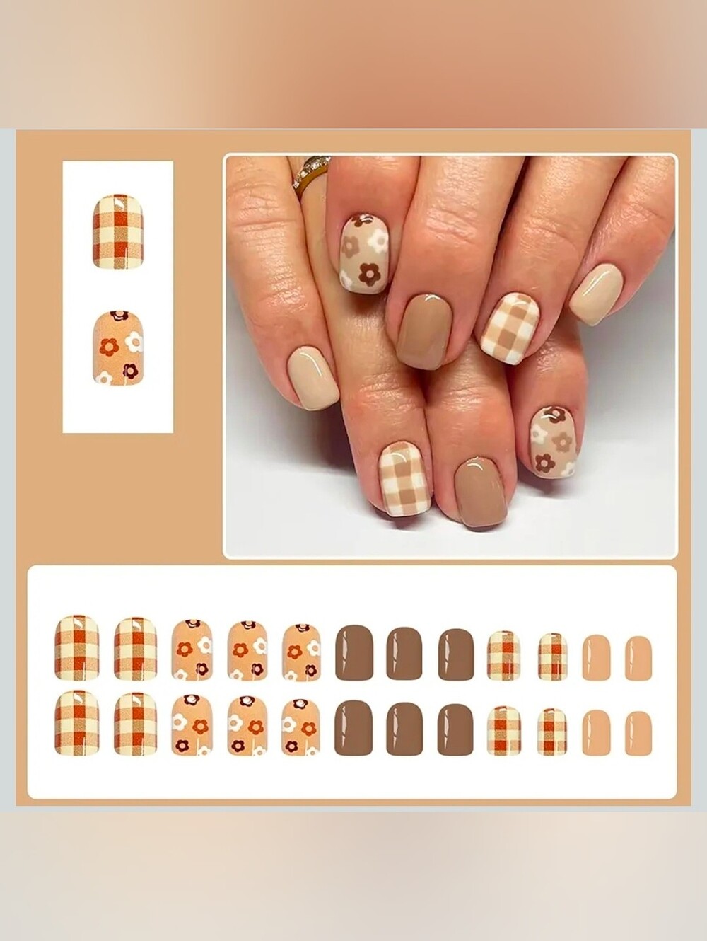 Fall Brown Press On Nails Short Square Nails Flower Set of 24 - Picture 2 of 5